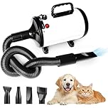 Pulseur Professionnel Souffleur Sèche-Cheveux 2800W Séchoir Toilettage, Vitesse et Température Réglables, 4 Buses, Blanc