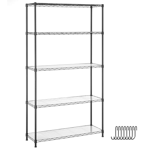 SONGMICS 5-Tier Storage Unit, Wire Shelving, Kitchen Metal Rack With Adjustable Shelves, Shelf Liners, 8 Hooks, for Garage, 11.8 x 35.4 x 63 Inches, Black ULGR095B01 Black 5 Tiers (11.8”D x