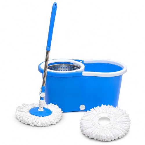 Image of Bonkaso 360 Spin Mop & Bucket Set with Stainless Steel Wringer, 45 Inch Mop Rod, Easy Drain Plug, 2 Microfiber Refills, Wet & Dry Floor Cleaning Mop for Home Kitchen Bathroom Office, Blue