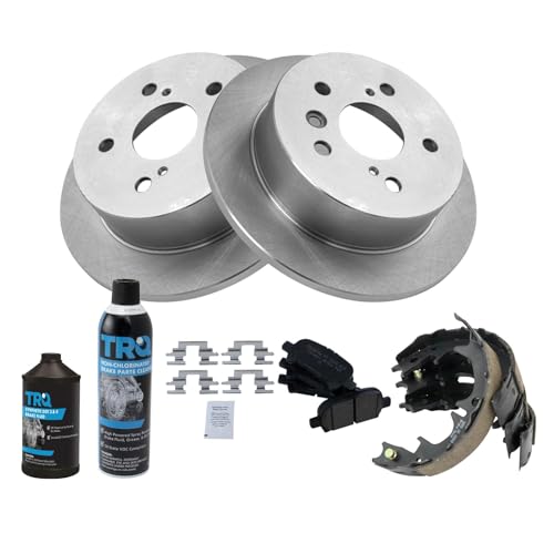 Image of TRQ Rear Brake Pad & Rotor Kit, with Chemical Kit Parking Brake Shoe Set Ceramic Compatible with 2005-2007 Toyota Avalon 2002-2006 Camry 2004-2008 Solara