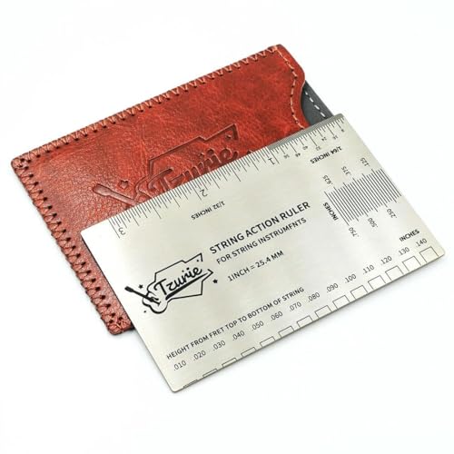 Tzurie Guitar String Action Gauge, Stainless Steel Pocket Size Tool with Travel Case, for Measuring Guitar String Height Gauge Ruler (Brown)