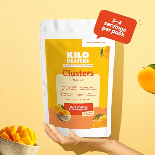 Image of Kilobeaters Mango Breakfast Clusters with Real Freeze-Dried Alphonso Mango | High Protein Granola | No Added Sugar | Gluten Free | Healthy Cereal for Breakfast & Snacking, 1Kg