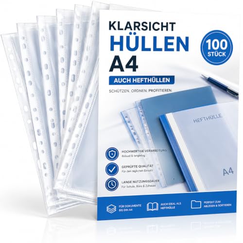 100x FUNDAS TRANSPARENTES DIN A4   CON PERFORACIÓN   PARA ARCHIVAR