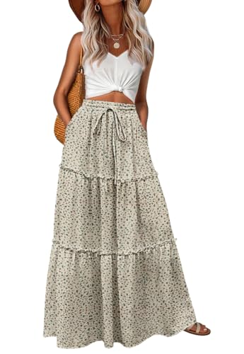 Image of Lepunuo Womens Casual Boho High Waisted Flowy Maxi Skirts Tiered Floral Long Skirts with Pockets for Summer Beach Vacation
