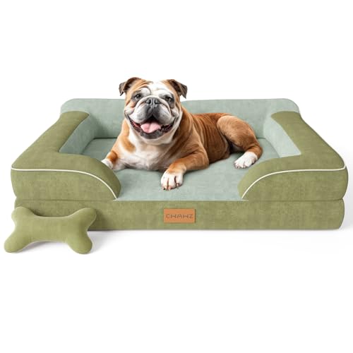 Image of CWAWZ Dog Beds for Large Dogs, Orthopedic Dog Bed with Cooling Gel Memory Foam, Waterproof Large Pet Bed with Removable Washable Cover, 36 inch Pet Sofa Couch Dutch Velvet with Bone Toy, Dark Green