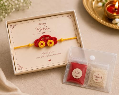 Image of Handmade Crochet Car Rakhi for Kids, Red and Yellow, Soft Knitted Thread with Beads, Raksha Bandhan