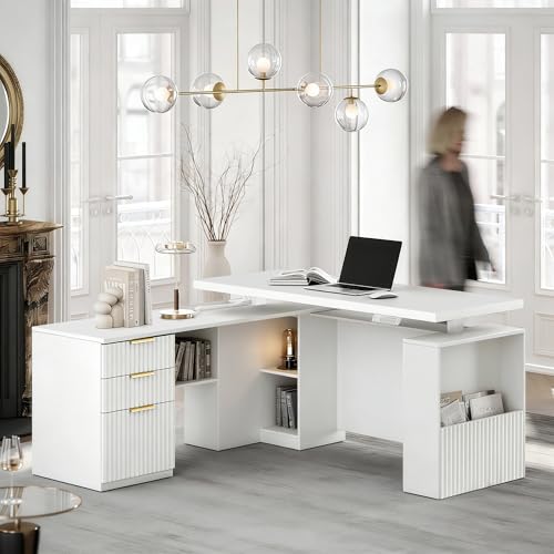 Image of 63 Inches L Shaped Electric Standing Desk, Height Adjustable Executive Desk with Drawers and File Cabinet, AC /USB, 1.18 inch Desktop and Privacy Panel for Home Office, White