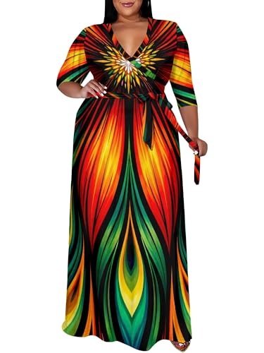 Image of SUZONANA Plus Size Maxi Dresses for Curcy Women Casual Loose 3 /4 Sleeve Long Dress with Belt