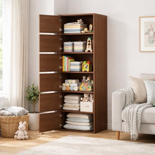 Image of Mevigo 6-Door Morden Wooden Collapsible Wardrobe for Storage /Space Saving Wooden Wardrobe with Doors /Collpsible Storage Organiser /Closet for Bedroom /Living Room -Wallnut