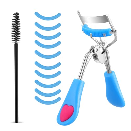 WLLHYF Juego de rizador de pestañas de metal profesional con ojo de peine integrado y 10 almohadillas de repuesto para mujeres y niñas. Obtén pestañas curvas dramáticas (azul)