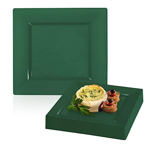 Elegant Disposable Plastic Dessert Plates 120 Pcs - Heavy Duty Fancy Square Hunter Green Salad Plates - 65 Reusable Appetizer Cake Plates Bulk For Wedding Easter Birthday Party All Occasions