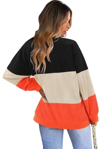 KISSMODA Women's Casual Long Sleeve Sweatshirt Color Block/Solid Crewneck Corduroy Pullover Cute Tops