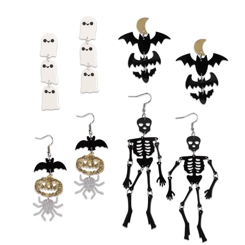 Halloween Earrings for Women Skull Skeleton Spooky Ghost Bat Pumpkin Spider Drop Dangle Earings Set, Sweet Cute Gothic Party Holiday Accessories Fashion Costume Acrylic Jewelry Gift