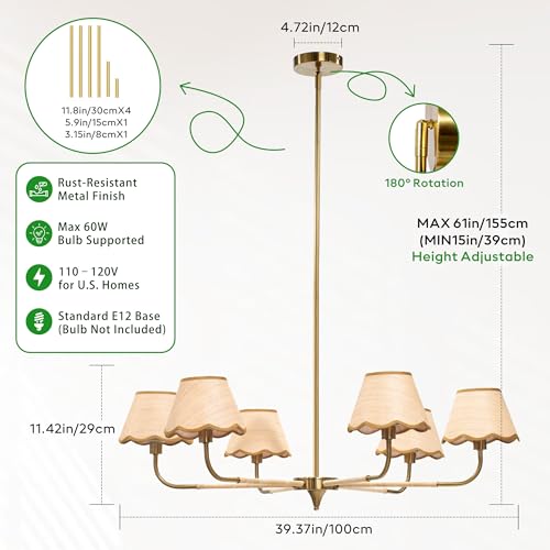 Image of 39 inch Boho Rattan Chandelier, 6-Light Rattan Pendant Light, Handwoven Natural Rattan, Rustic Industrial Adjustable Rattan Fixture for Dining Room, Kitchen Island & Living Room, E12 Socket