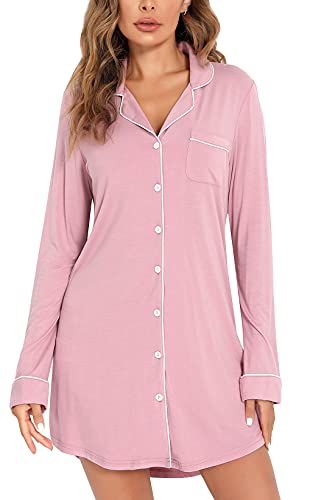 Image of Samring Nightgown for Women Long Sleeve Button Down Night Gown Boyfriend Nightdress Sleep Shirts