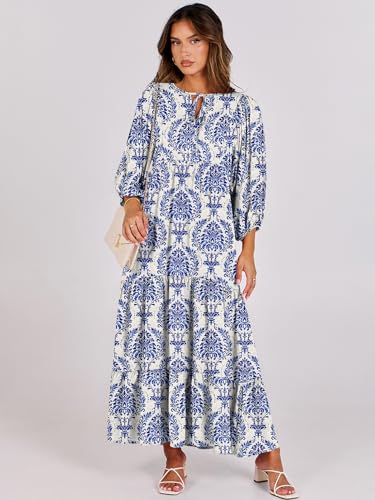 Image of ANRABESS Womens Boho Floral 3 /4 Puff Sleeve Maxi Dress | Tiered Flowy Loose Fit, Comfy Soft Rayon Fabric, Wedding Guest Church Beach, Modest Elegant, Spring Summer Fall Outfits