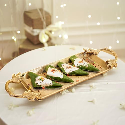 Image of BEHOMA Aluminium Golden Serve Tray with Leaf Handle, 16.7 inch | Golden aluminium serve tray with leaf handle, 16.7 inch; perfect Durga Puja & Navratri serveware.