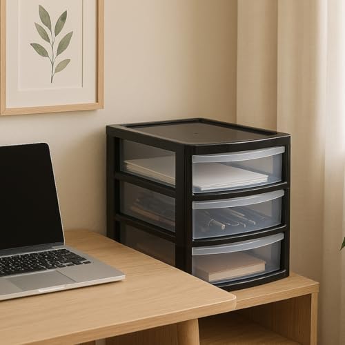 A4 PLASTIC STORAGE DRAWERS DRAW TOWER UNIT OFFICE DESKTOP TABLETOP HOME SCHOOL GARAGE MODULAR & PORTABLE DRAWERS OFFICE DESK ORGANIZER SLIM A4 SIZE 2|3|4|6|8 TIERS (Black/Clear, A4 Slim 3 Drawers)