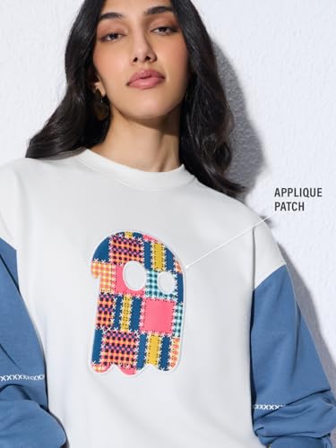 Image of The Souled Store Spirit Women and Girls Full Sleeves Round Neck Colour-Block Embellished Cotton Blend Drop Shoulder Streetwear Trendy Oversized Sweatshirt