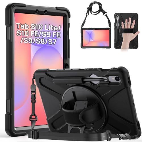 Gerutek Case for Samsung Galaxy Tab S10 Lite/S10 FE/S9 FE 10.9 & Tab S9/S8/S7 11 - Heavy Duty Shockproof Rugged Cover with 360 Rotating Stand & Hand Strap Shoulder Strap Pencil Holder Black
