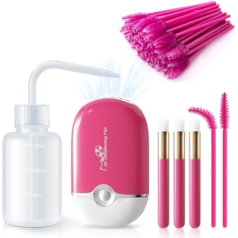 mlogiroa Lash Eyelash Fan Kit for Lash Extension Mini Portable Fans with 50 Lash Shampoo Brush 3 Nose Blackhead Facial Cleaning Brush 1 Plastic Wash Bottle (ROSE) Cover