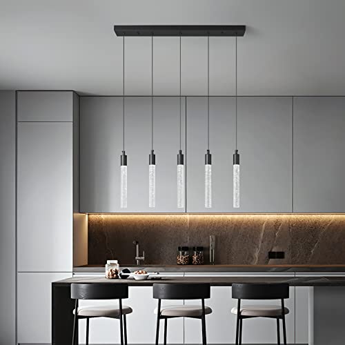 Image of Kitchen Island Lighting Modern Light Fixture Black Pendant Light Dimmable LED Black Finish Mini Crystal Pendant Lights for Dining Room Living Room(5-Light)