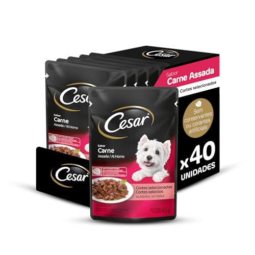 Pack Ração Úmida Cesar Sachê Cortes Selecionados Carne Assada ao Molho Para Cães Adultos 85 g - 40 u