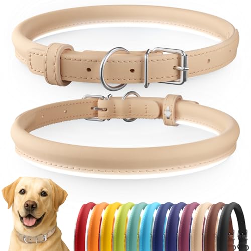 CollarDirect Rolled Leather Dog Collar, Soft Padded Round Puppy Collar, Handmade Genuine Leather Collar Dog Small Large Cat Collars 13 Colors (15-19 Inch, Beige Smooth)