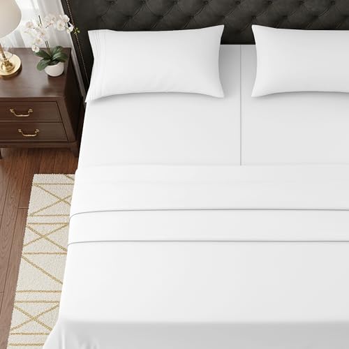 Image of Elegant Comfort Luxurious 1500 Premium Hotel Quality Microfiber Three Line Embroidered Softest 5-Piece Bed Sheet Set, Wrinkle and Fade Resistant, Split King, White