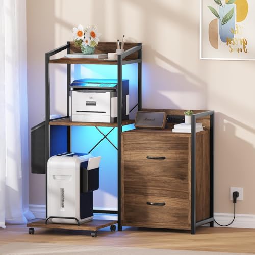 Garvee Archivador de oficina moderno con luces LED, estación de carga y gestión de cables, 2 cajones y estantes para impresora, fax y ordenador, gran capacidad de almacenamiento, mueble multifuncional