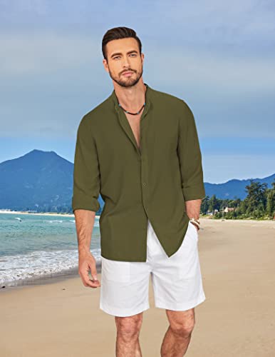 Coofandy Mens Beach Shirts Long Sleeve Casual Button Down Shirts Lightweight Button Up Shirts Army Green #TOP1