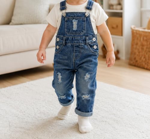 Image of KIDSCOOL Toddler Baby Denim Overalls Ripped Holes Jean Bib Romper Jumpsuit