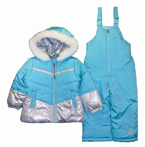LONDON FOG Baby Girls Snowsuit with Snowbib and Puffer Jacket, September Sky Foil, 12Mo