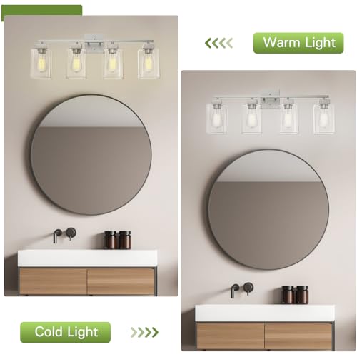 Image of 4 Light Bathroom Vanity Light - Brush Nickel Matte Vanity Lights Square Design & UL Certification & Square 26 inch Silver Bathroom Lights Fixture Over Mirror, Brush Nickel Light for Bedroom