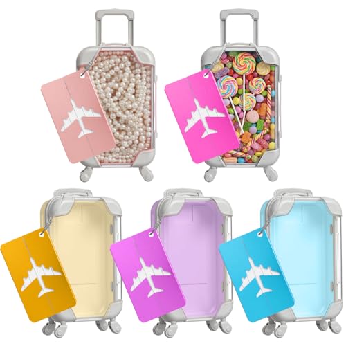Teecyhooo 5 Pcs Mini Suitcase Party Favor Boxes and 5 Pcs Metal Luggage Tags with Card Clear Mini Luggage Gift Boxes for Girls Wedding Travel Birthdays Bachelorette (6.5 x 2.8 x 1.4 Inch Multicolor)
