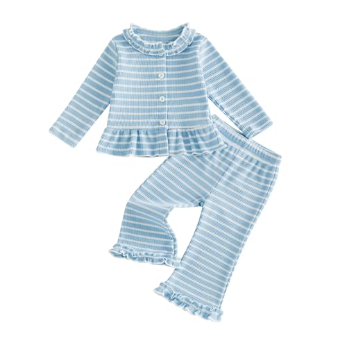 Image of Kids Baby Girl Outfit Striped Top and Trousers Set (Blue, 6-12 Months)