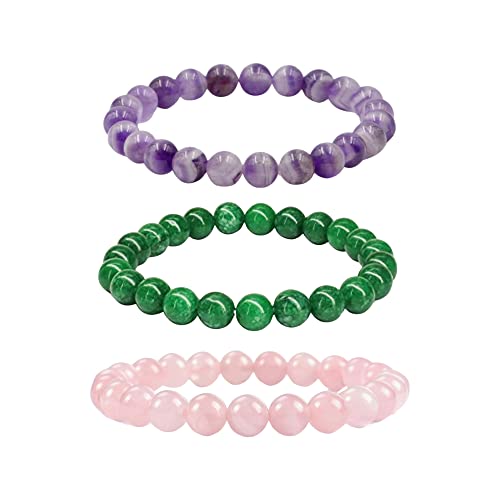 Set of 3 Crystal Bracelets 8mm - Healing Crystals, Energy, Worry Stone, Triple Protection Bracelets (Purple, Pink, Green)