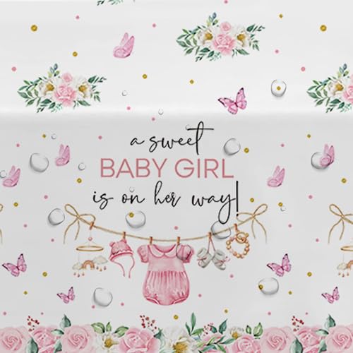 Image of Srua Don Pink Baby Girl Baby Shower Decorations Tablecloth for Girl, Floral A Sweet Girl is On Her Way Party Supplies Table Cover, Baby Girl Party Table Cloth, 3 Pack, 55in x 86in