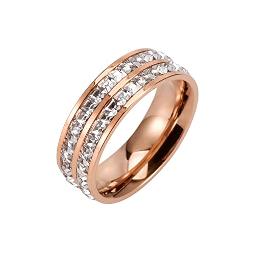 KnBoB Bague Homme et Femme Acier Inoxydable Éternité Or Rose Large avec Zirconium Carré Blanc Taille 60