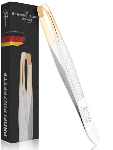 Schwertkrone Profi Solingen - Pinzas para depilar cejas (8 cm, curvadas, chapadas en oro)