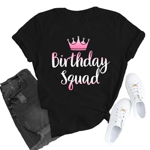 TUPOSU Birthday Shirts for Women Birthday Queen Squad T-Shirt B-Day Crown Tee Tops Black