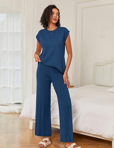 Image of Ekouaer Lounge Sets for Women Two Piece Outfits Knit Cap Sleeve Tops Wide Leg Pleated Pants Casual Dressy Sweater Sets