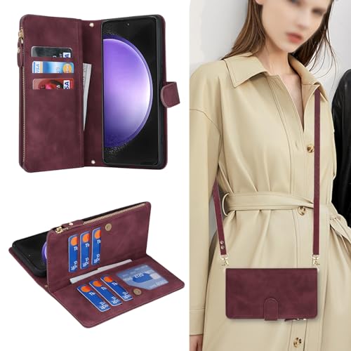 Jaorty Crossbody Phone Case for Samsung S23 FE 5G with Strap Lanyard,Galaxy S23 FE 5G Case Wallet with Card Holder for Women,Zipper Pocket Magnetic Flip Leather S23 FE Case,6.4