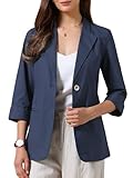 Allegra K Blazers Casuales para Mujer Chaqueta de Traje de Lino y Algodón Ligero de Manga 3/4 de Verano Azul Marino L