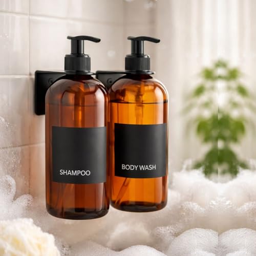 Image of Old Tree Refillable Shampoo and Conditioner Dispenser for Hotel Wall Mounted (Pack of 2, 500ML) | Black Metal Organizer with Plastic Bottles & Matte Black Pump | Dispenser for Bathroom & Kitchen