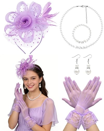 Bnsikun Light Purple Fascinator Hat for Women Tea Party Headband Tea Party Headpiece and Lace Glove Set for Women 1920s Party