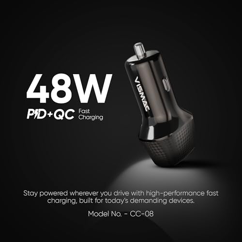 Image of Vismac 48W Fast Car Charger, Dual Port Type-C PD & USB-A QC 3.0, Intelligent Protection, Overheat Safety, Smart Compact Design, Universal Charging for All Devices