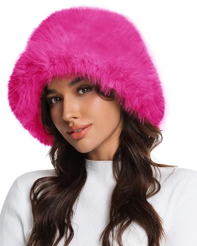 Faux Fur Bucket Hat for Women Wide Brim Adjustable Fuzzy Fisherman Cap Long Pile Fluffy Winter Fashion Hat (US Alpha One Size Medium Rose Pink)