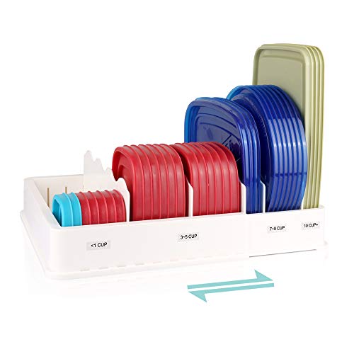 SWOMMOLY Update Version Expandable Food Storage Container Lid Organizer, Includes 6 Adjustable Dividers