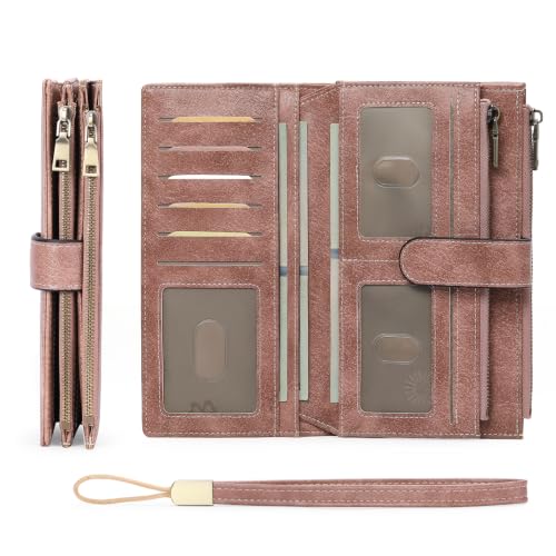 Image of GOIACII Large Wallet for Women Leather Wristlet Dusty Pink | RFID Blocking, Multi-card Slots, Detachable Wrist Strap, Trifold Clutch Purse